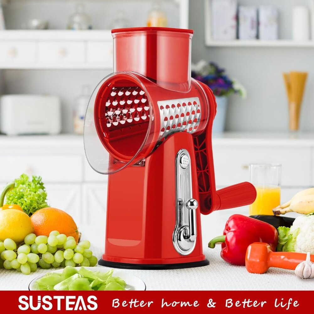 Rotary Cheese Grater w/Handle &5 Blades, Round Slicer & Vegetable Grater Red - Picture 7 of 8